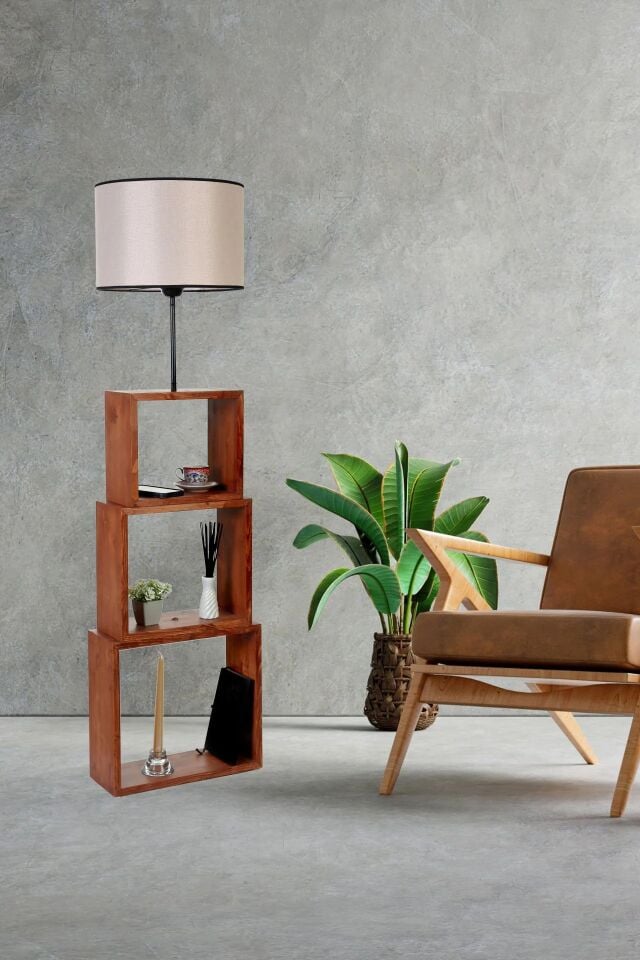 Puzzle Ceviz Silindir Açık Hasır Abajurlu Lambader