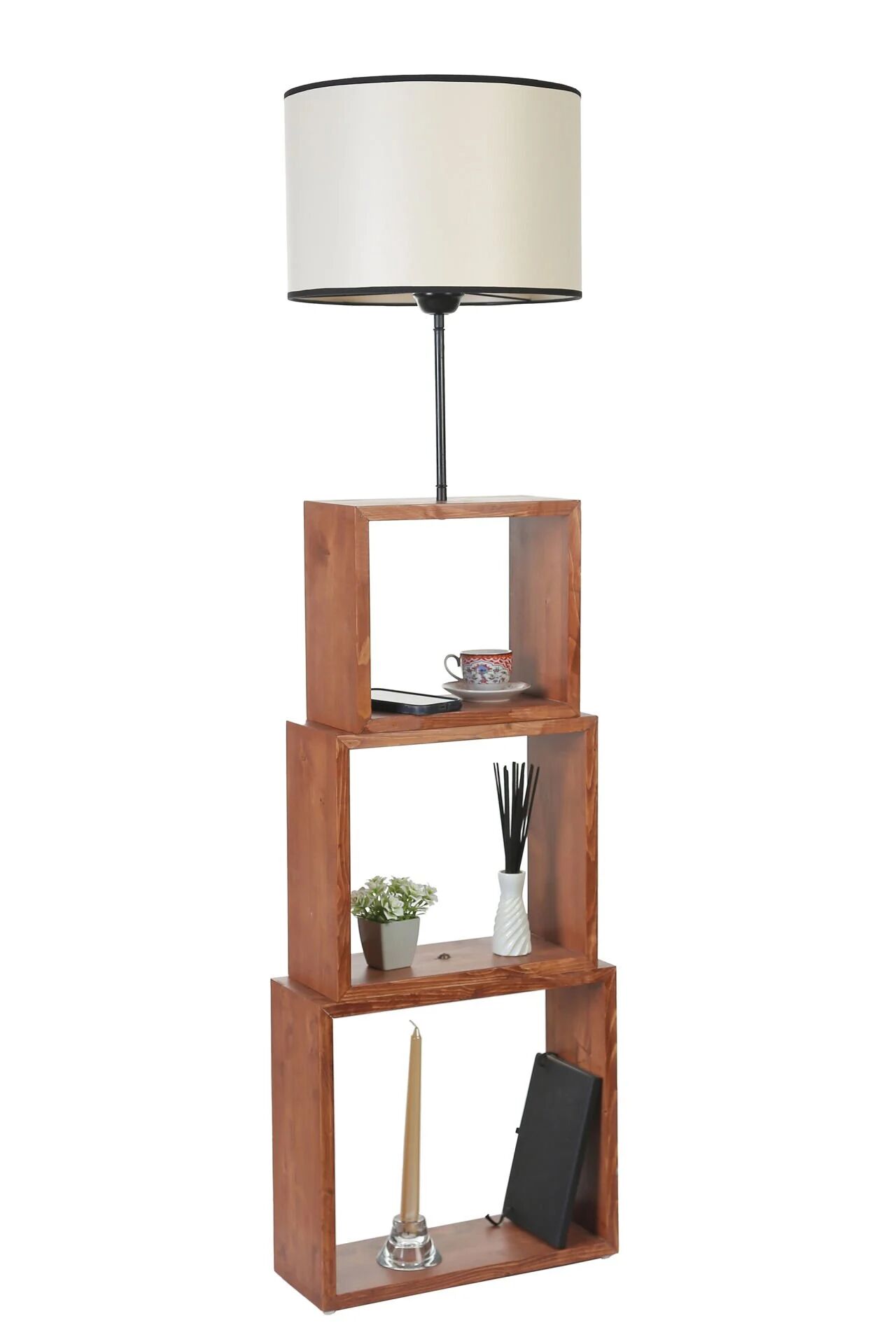 Puzzle Ceviz Silindir Finli Krem Abajurlu Lambader