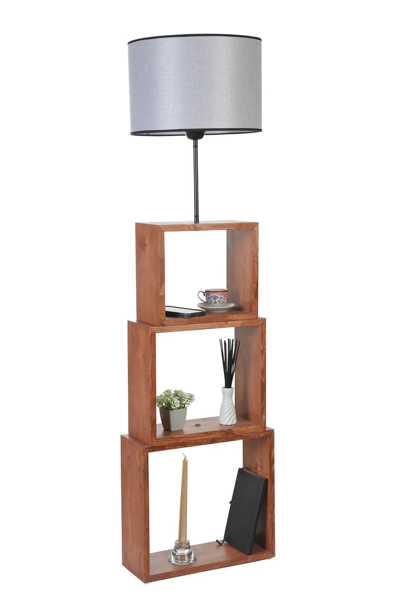 Puzzle Ceviz Silindir Açık Hasır Gri Abajurlu Lambader