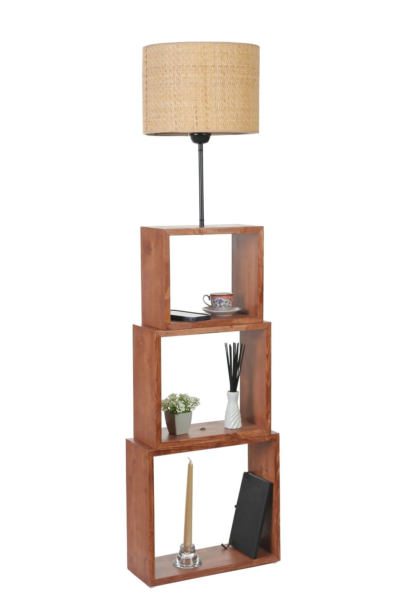 Puzzle Ceviz Silindir Rattan Abajurlu Lambader