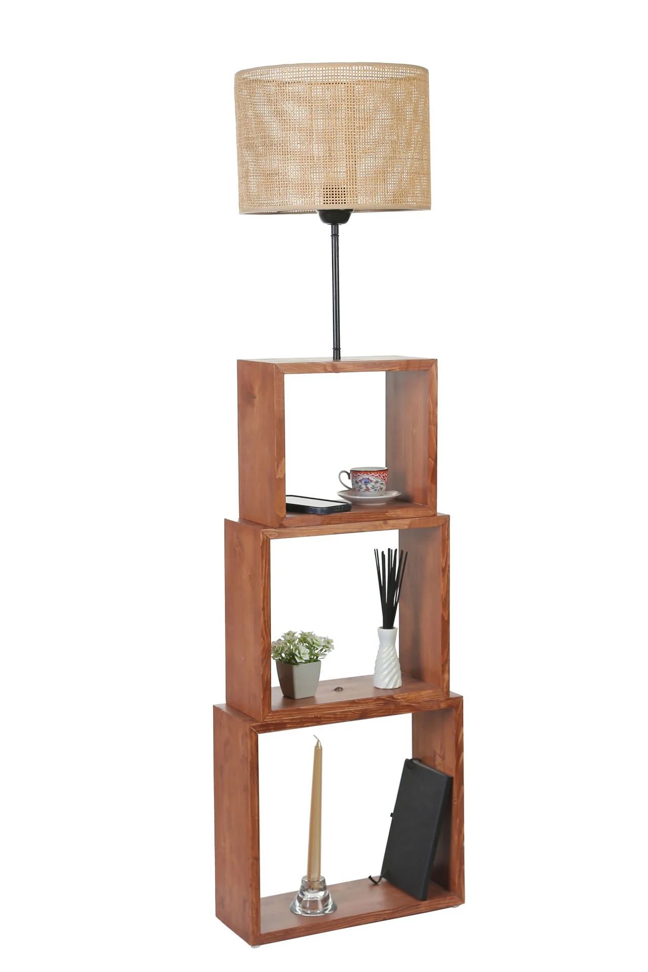 Puzzle Ceviz Silindir Örgülü Rattan Abajurlu Lambader