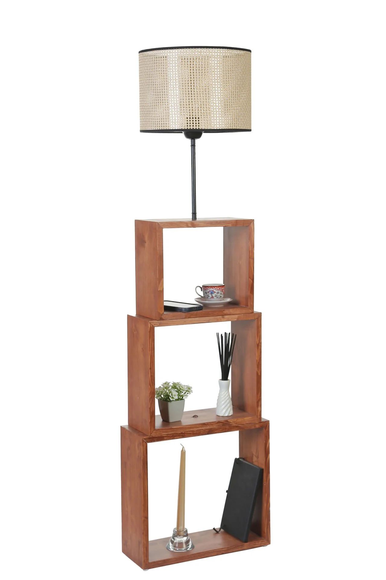 Puzzle Ceviz Silindir Petek Abajurlu Lambader