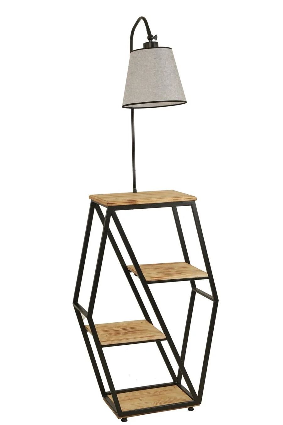 Sembol Yanık Ahşap Sehpalı Piramit Gri Hasır Abajurlu Lambader