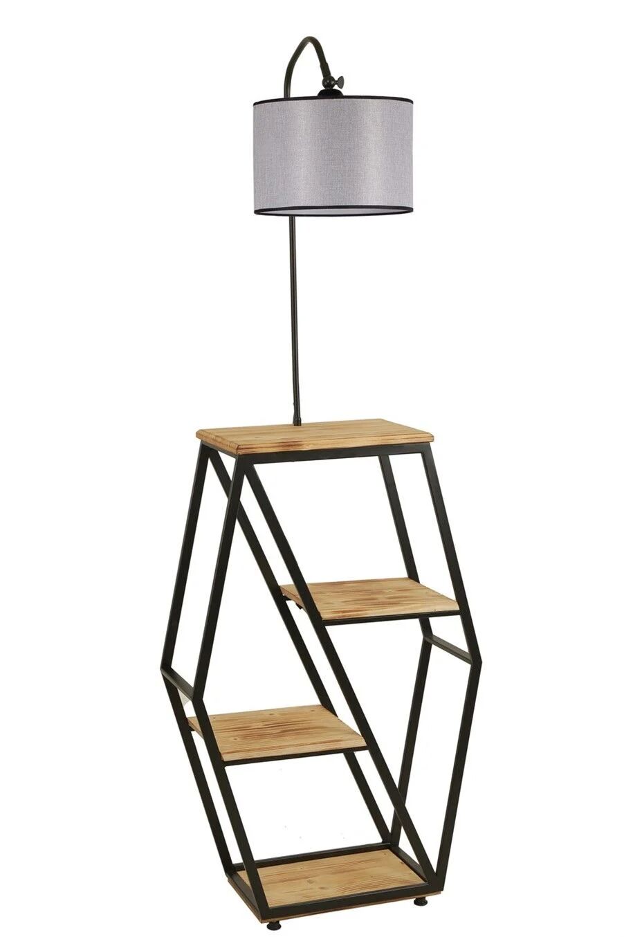 Sembol Yanık Ahşap Sehpalı Silindir Gri Hasır Abajurlu Lambader