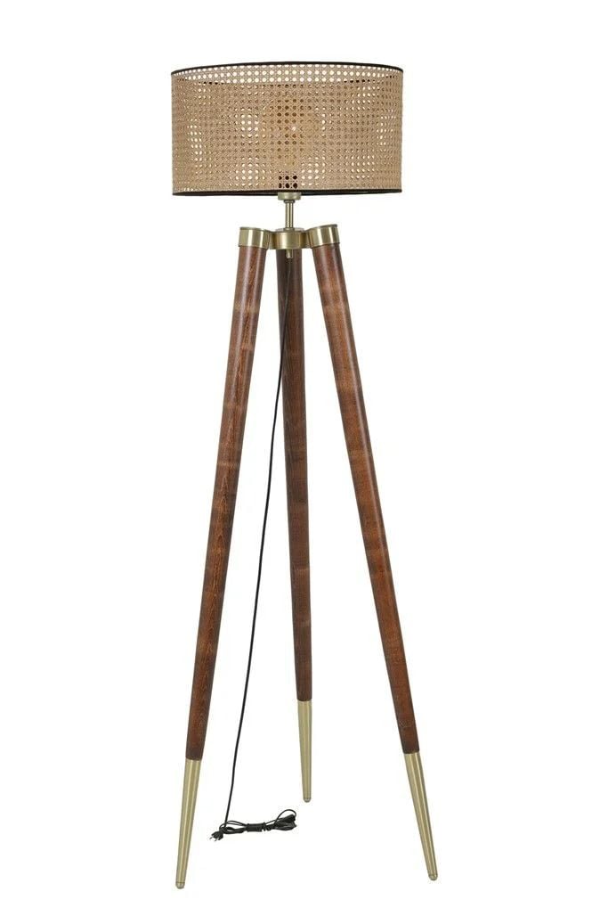 Stil Ceviz Eskitme Silindir Rattan Abajurlu Lambader