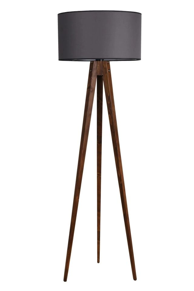 Tripod Ceviz Silindir Hasır Koyu Gri Abajurlu Lambader