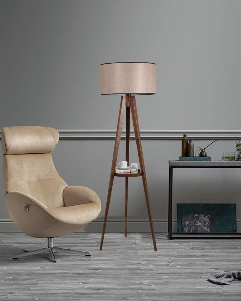 Tripod Ceviz Sehpalı Silindir Açık Hasır Abajurlu Lambader