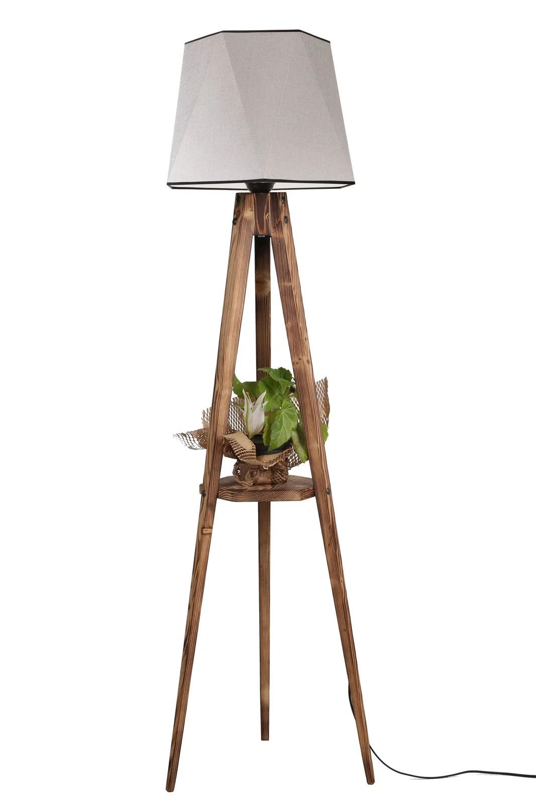 Tripod Yanık Sehpalı Altıgen Açık Gri Hasır Abajurlu Lambader