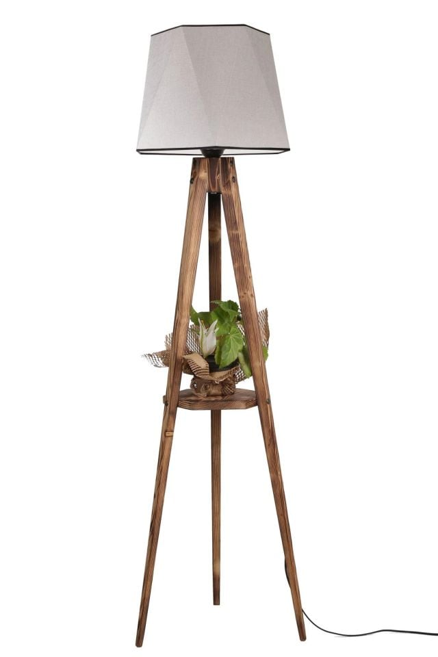 Tripod Yanık Sehpalı Altıgen Açık Gri Hasır Abajurlu Lambader