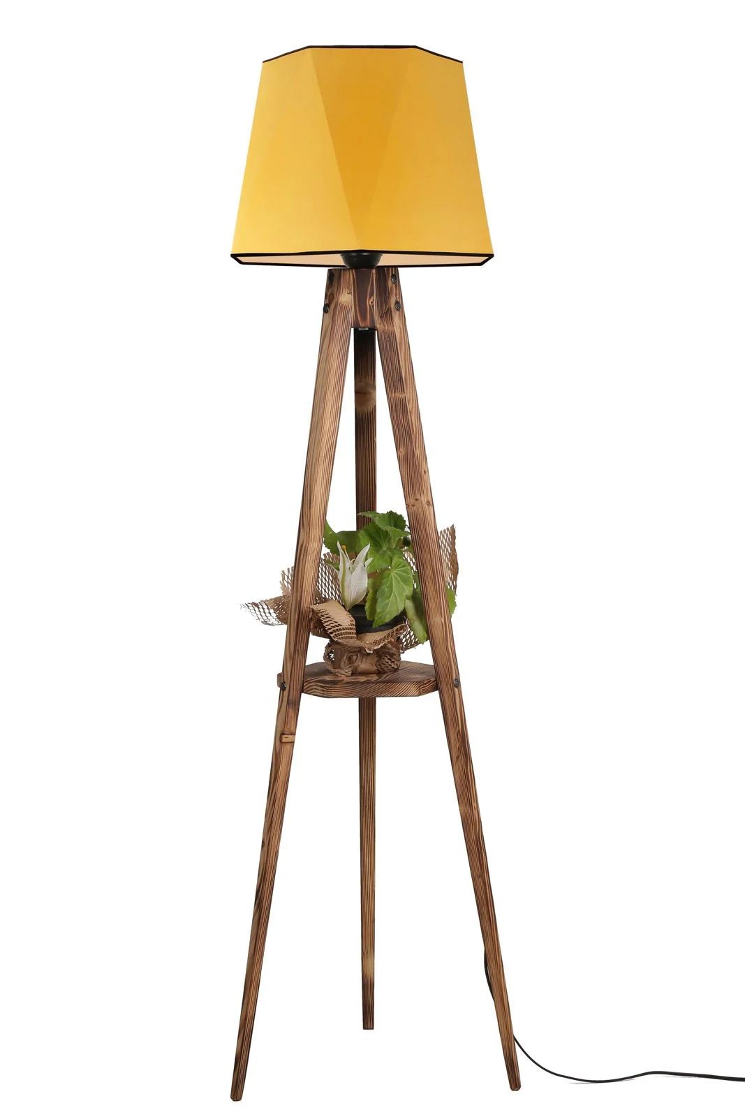 Tripod Yanık Sehpalı Altıgen Hardal Hasır Abajurlu Lambader