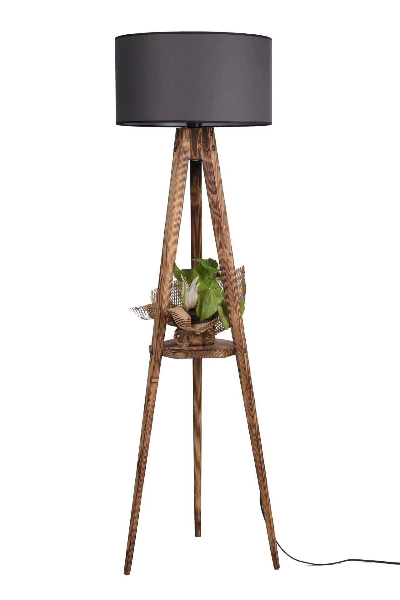 Tripod Yanık Sehpalı Silindir Hasır Koyu Gri Abajurlu Lambader