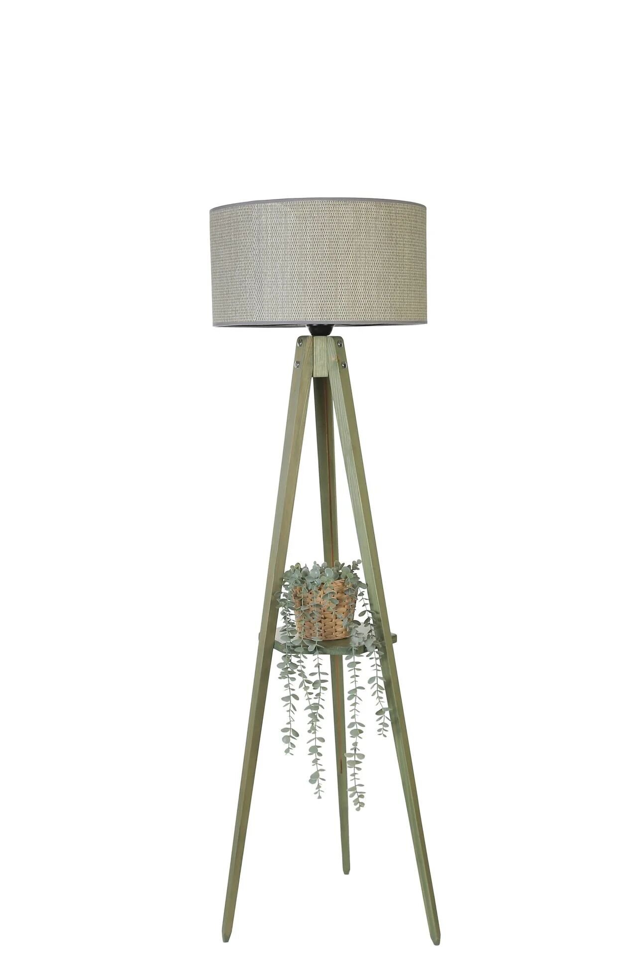 Tripod Yeşil Sehpalı Silindir Bambu 06 Abajurlu Lambader