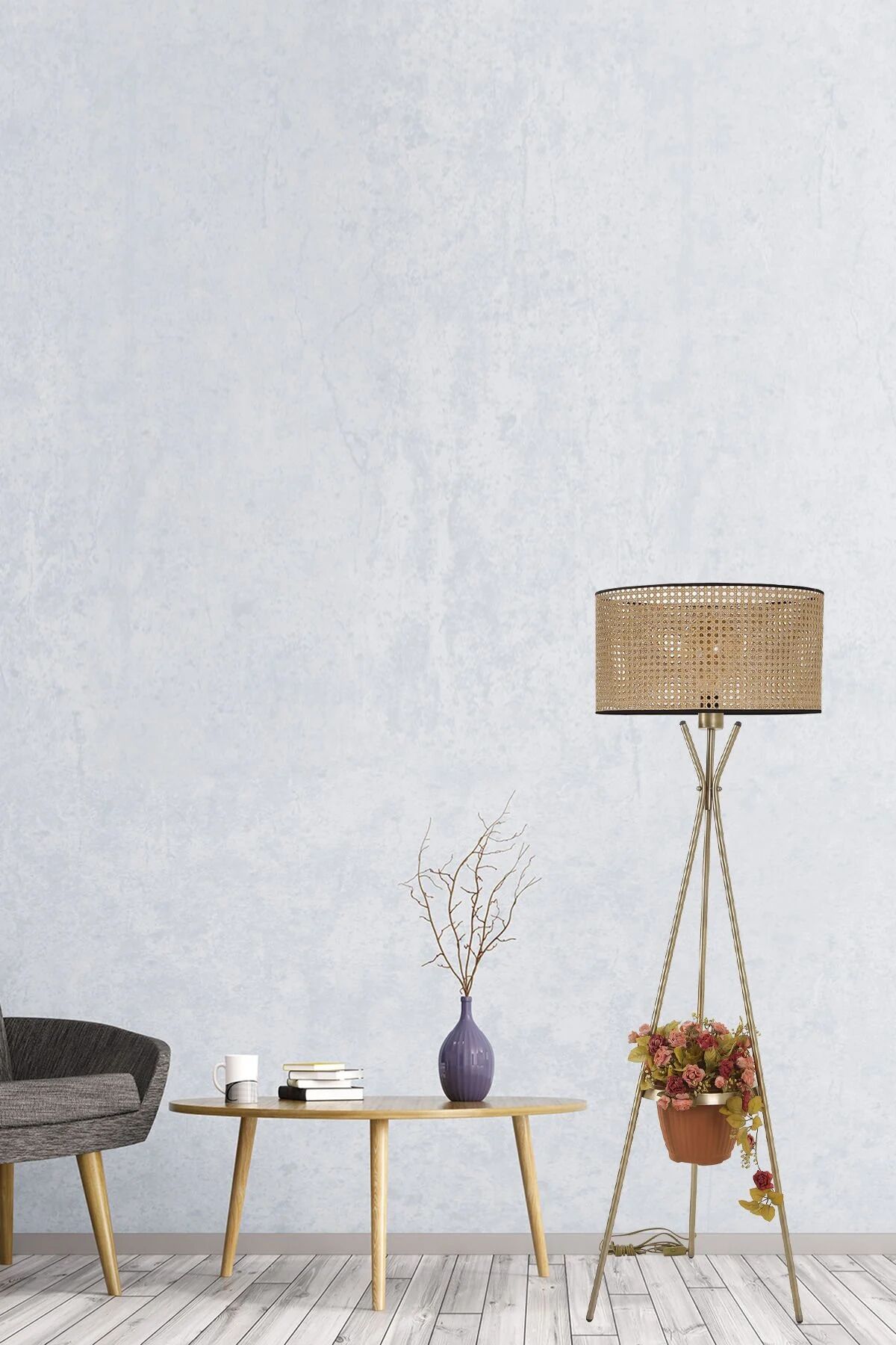 Venedik Eskitme Silindir Rattan Abajurlu Lambader