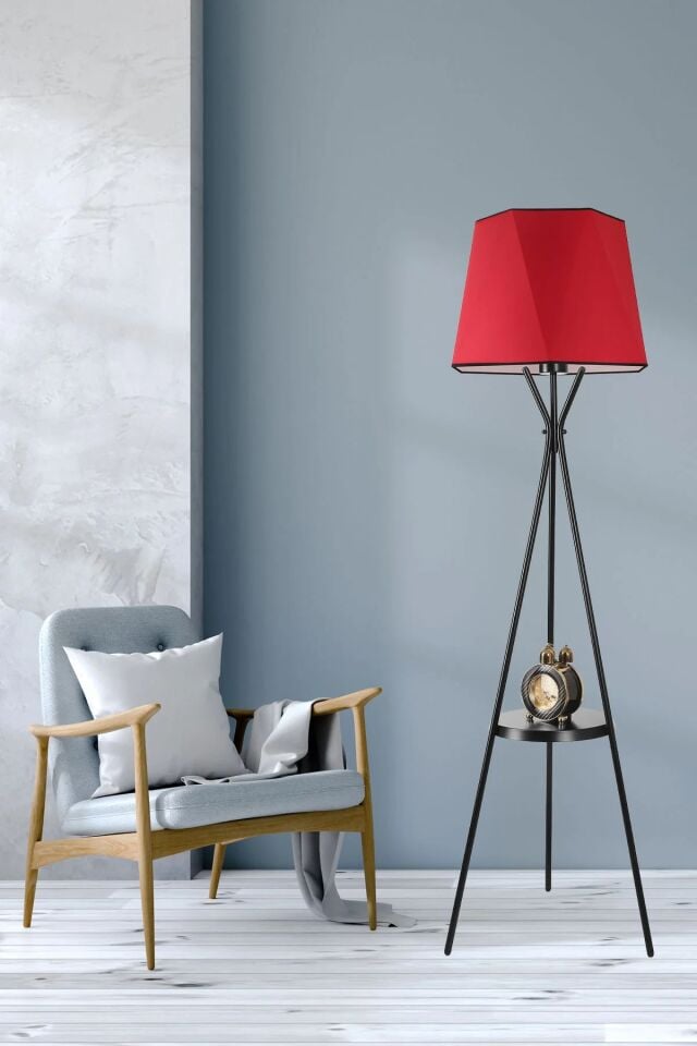 Venedik Siyah Sehpalı Altıgen Kırmızı Abajurlu Lambader