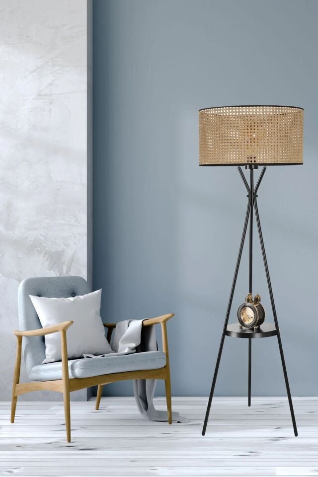 Venedik Siyah Sehpalı Rattan Abajurlu Lambader