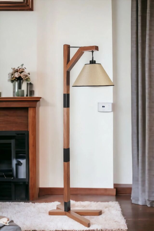 Yeni Liza Ceviz Piramit Açık Hasır Abajurlu Lambader