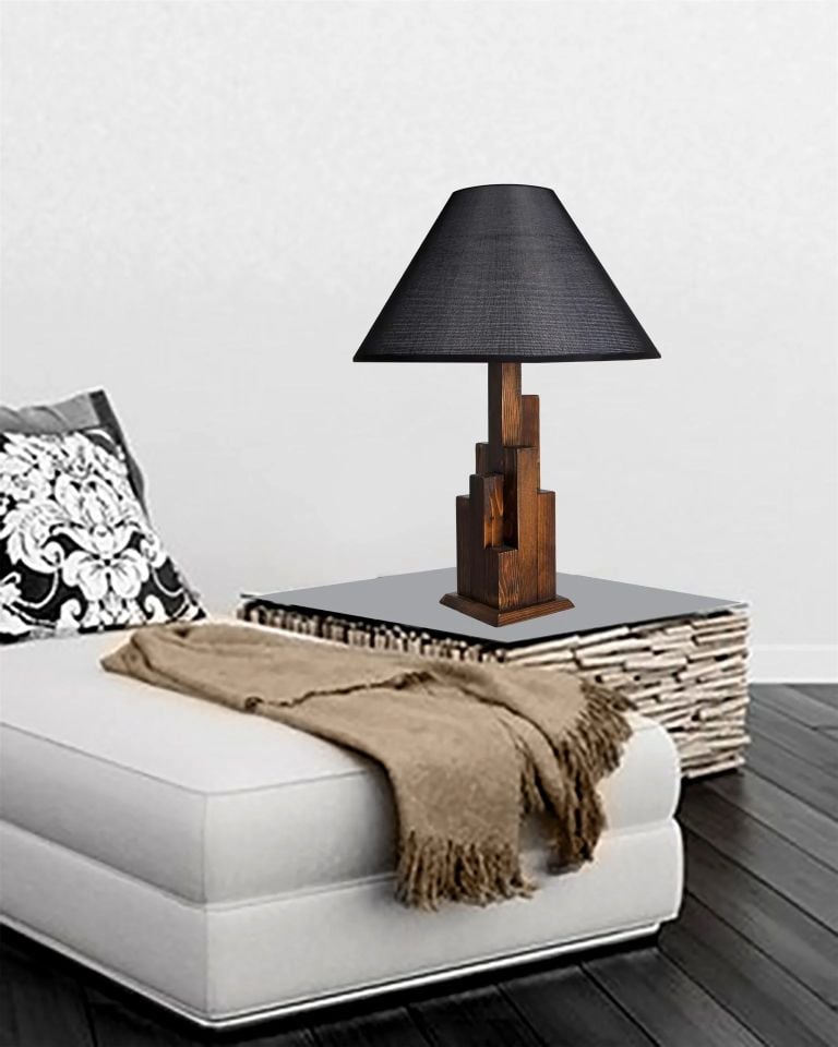 Kule Ceviz Piramit Siyah Hasır Abajurlu Masa Lambası