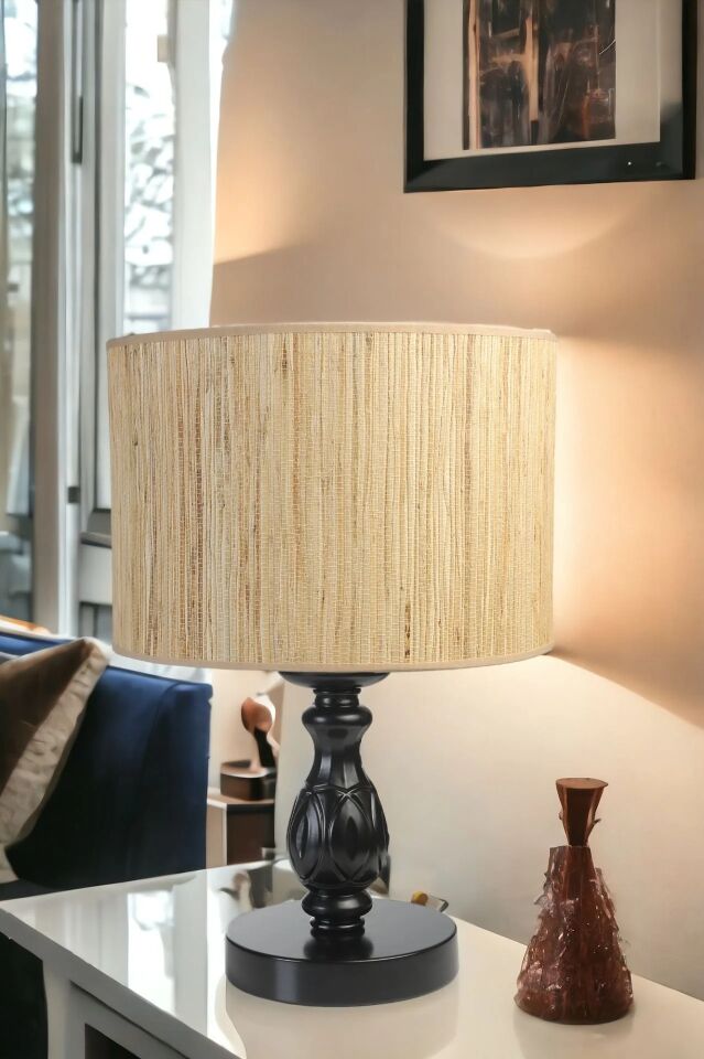 Olimpiyat Siyah Silindir Bambu 010 Abajurlu Masa Lambası