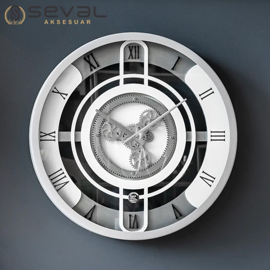 60 CM Gümüş Beyaz Metal Döner Çarklı Camlı Duvar Saati,Metal Salon Ofis Duvar Saati