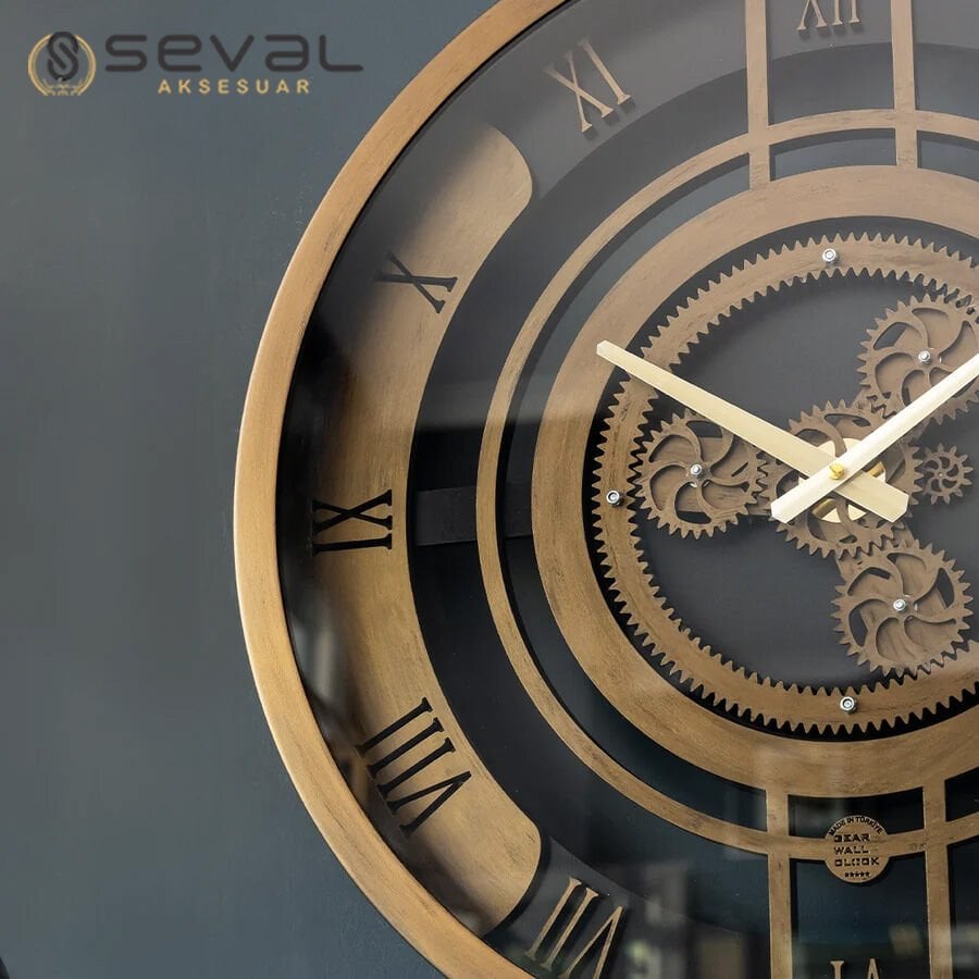 60 CM Metal Eskitme Döner Çarklı Camlı Duvar Saati,Metal Salon Ofis Duvar Saati