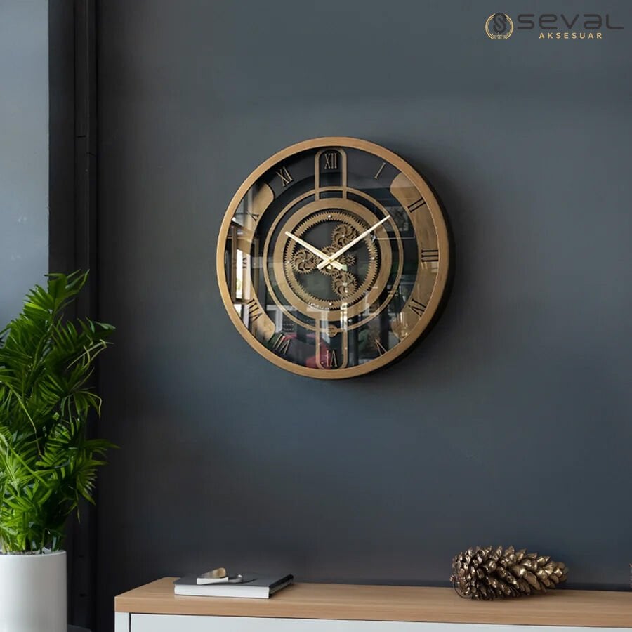 60 CM Metal Eskitme Döner Çarklı Camlı Duvar Saati,Metal Salon Ofis Duvar Saati