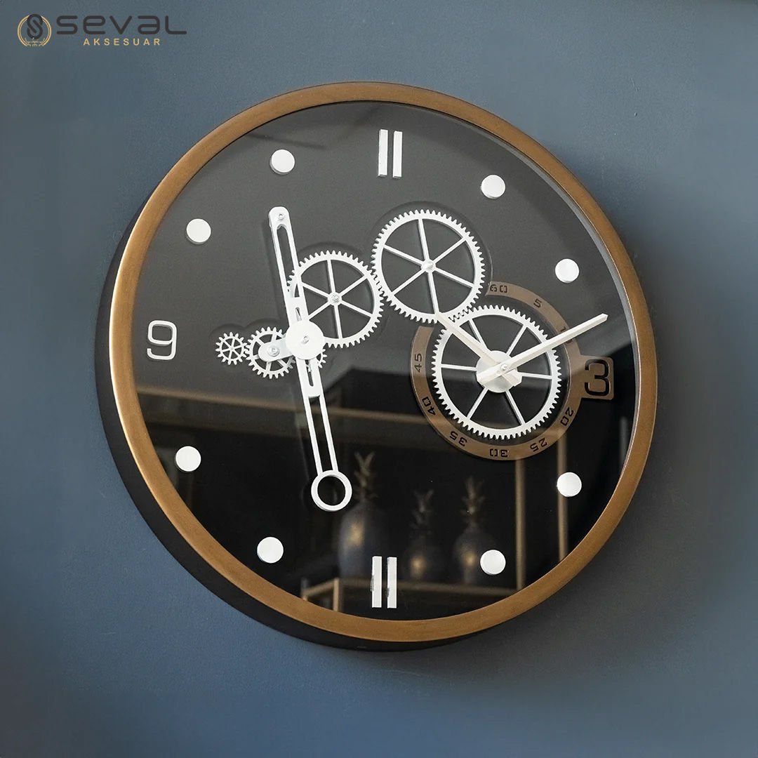 60 CM Metal Eskitme-Siyah Renkli Elektronik Sarkaçlı Gümüş Çarklı Camlı Duvar Saati,Metal Salon Ofis Duvar Saati