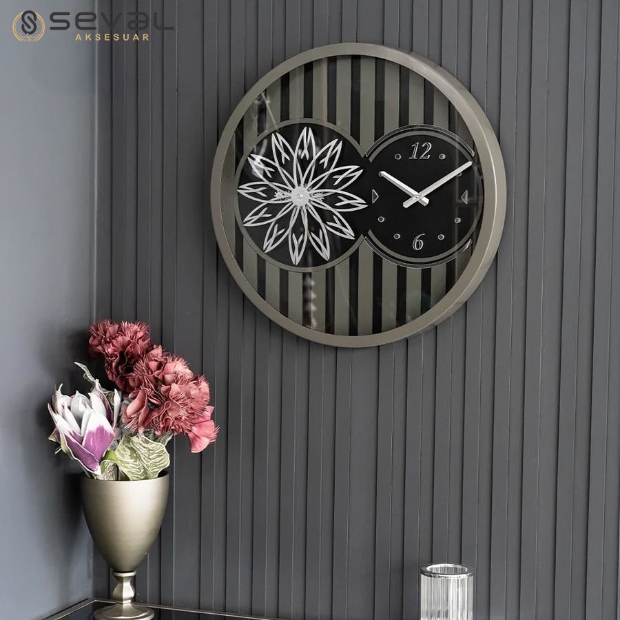 60 CM Metal Haki-Gümüş Örüntülü Pervane Çarklı Camlı Duvar Saati,Metal Salon Ofis Duvar Saati