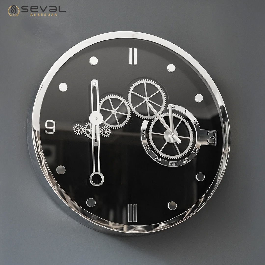 60 CM Metal Parlak Gümüş Elektronik Sarkaçlı Çarklı Camlı Duvar Saati,Metal Salon Ofis Duvar Saati