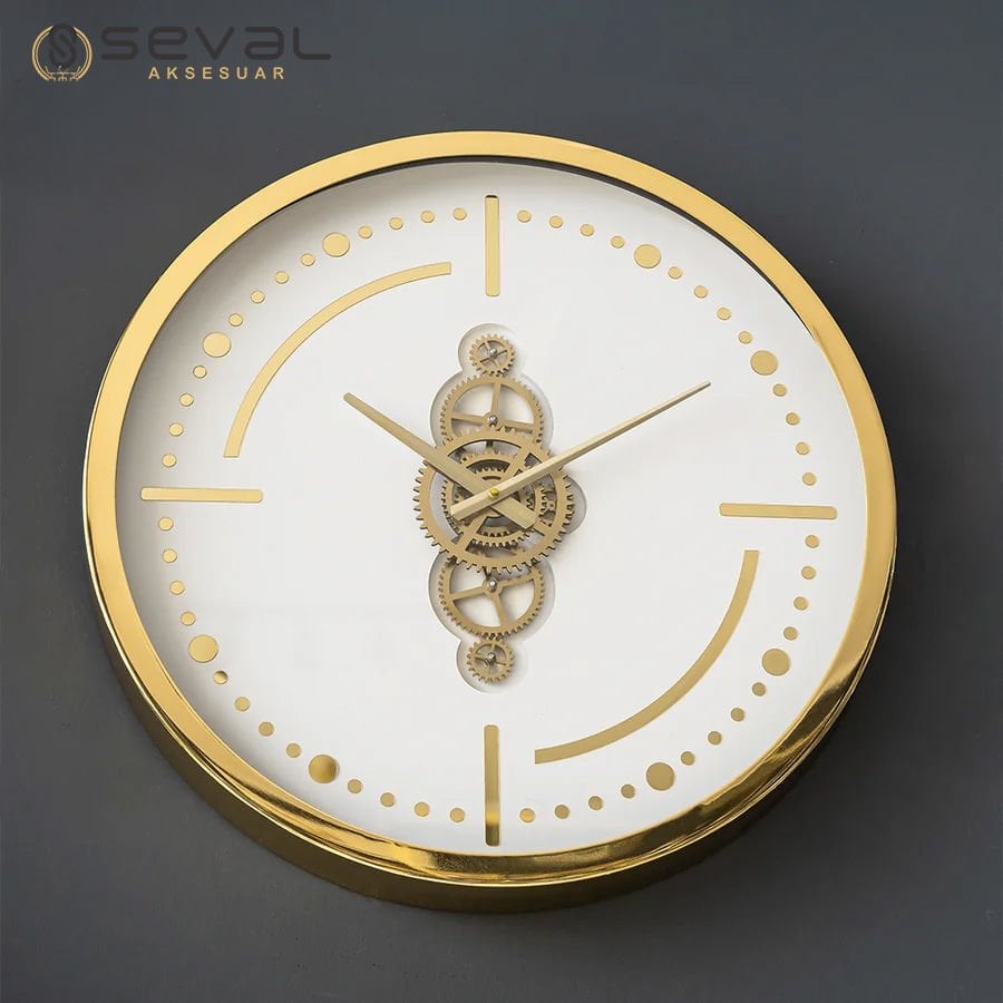 60 CM Premium Gold Beyaz Metal Döner Çarklı Camlı Duvar Saati,Metal Çerçeveli Salon Ofis Duvar Saati