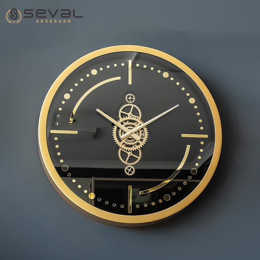 60 CM Premium Gold Metal Döner Çarklı Camlı Duvar Saati,Metal Çerçeveli Salon Ofis Duvar Saati