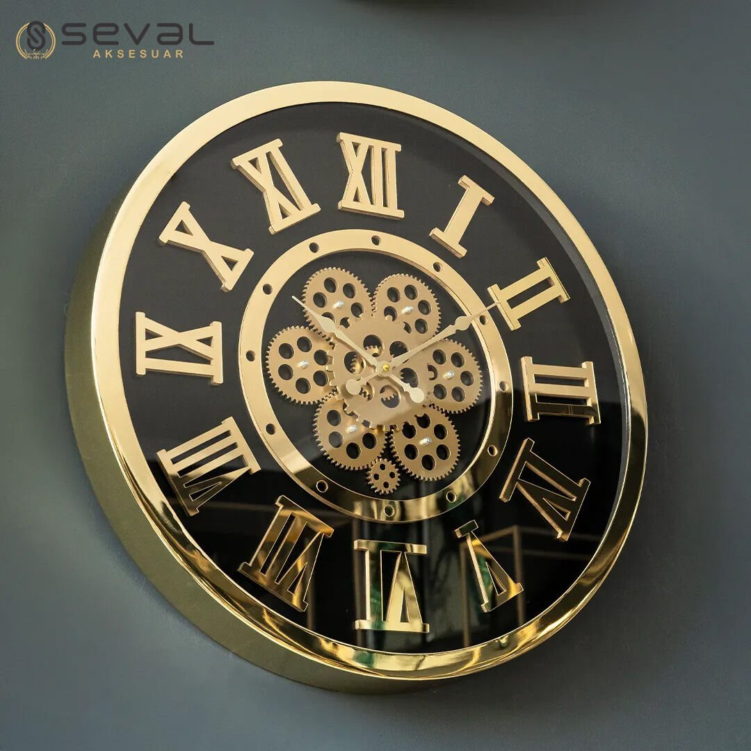 60 CM Premium Gold Metal Döner Çarklı Camlı Duvar Saati,Metal Çerçeveli Salon Ofis Duvar Saati