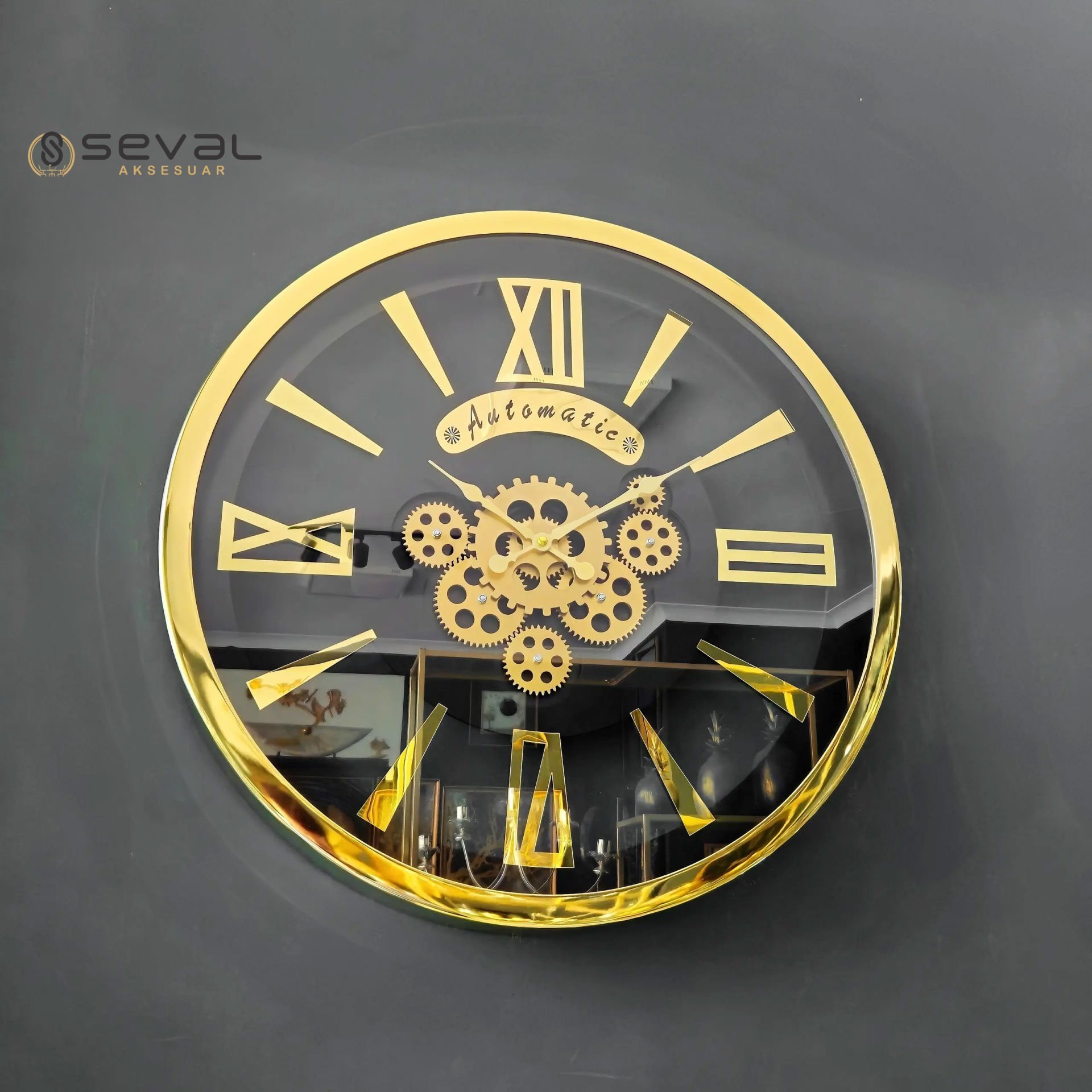 60 CM Premium Metal Gold Döner Çarklı Camlı Duvar Saati,Metal Çerçeveli Salon Ofis Duvar Saati