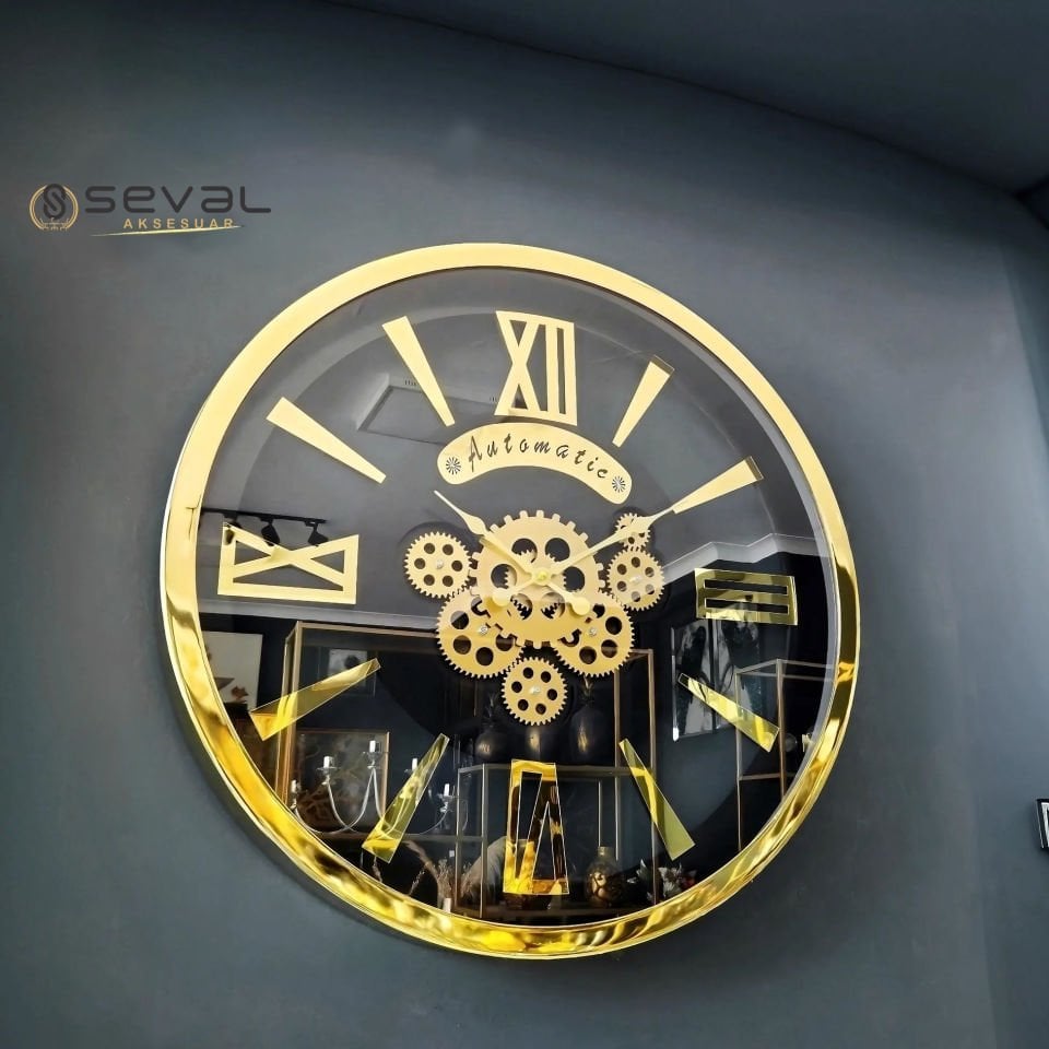 60 CM Premium Metal Gold Döner Çarklı Camlı Duvar Saati,Metal Çerçeveli Salon Ofis Duvar Saati