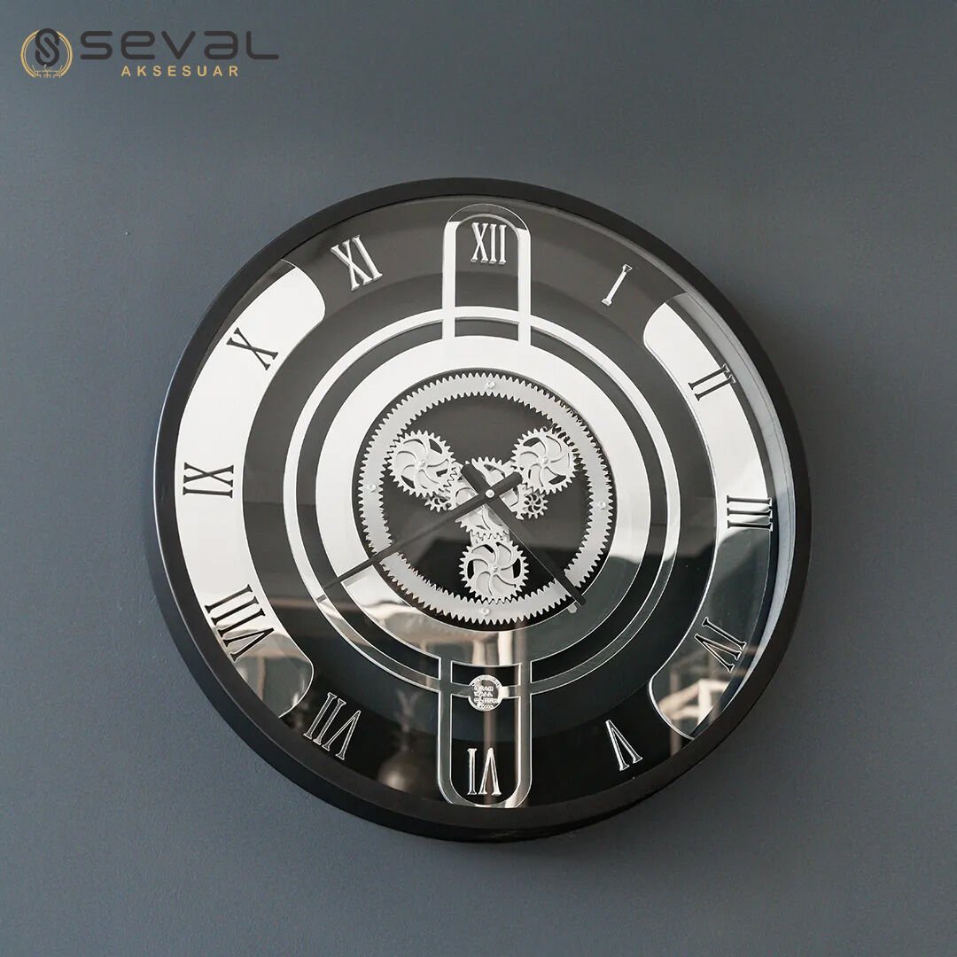 60 CM Siyah Çerçeveli Parlak Gümüş Metal Döner Çarklı Camlı Duvar Saati,Metal Salon Ofis Duvar Saati