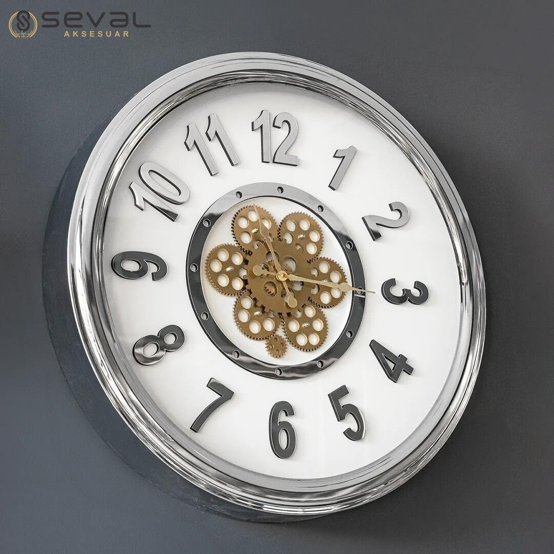 65 CM Gümüş Metal Gold Döner Çarklı Camlı Duvar Saati,Metal Salon Ofis Duvar Saati