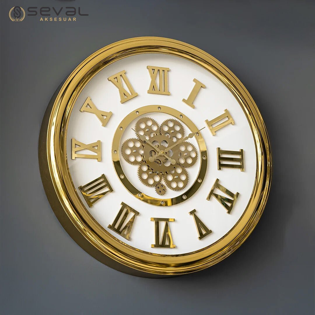 65 CM Metal Gold Döner Çarklı Camlı Arkası Kapalı Tasarım Duvar Saati,Metal Salon Ofis Duvar Saati