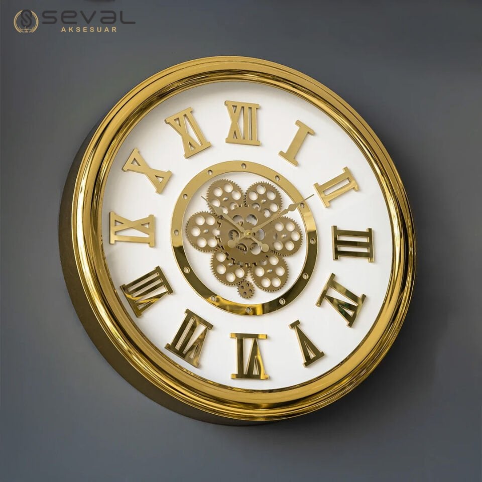 65 CM Metal Gold Döner Çarklı Camlı Arkası Kapalı Tasarım Duvar Saati,Metal Salon Ofis Duvar Saati