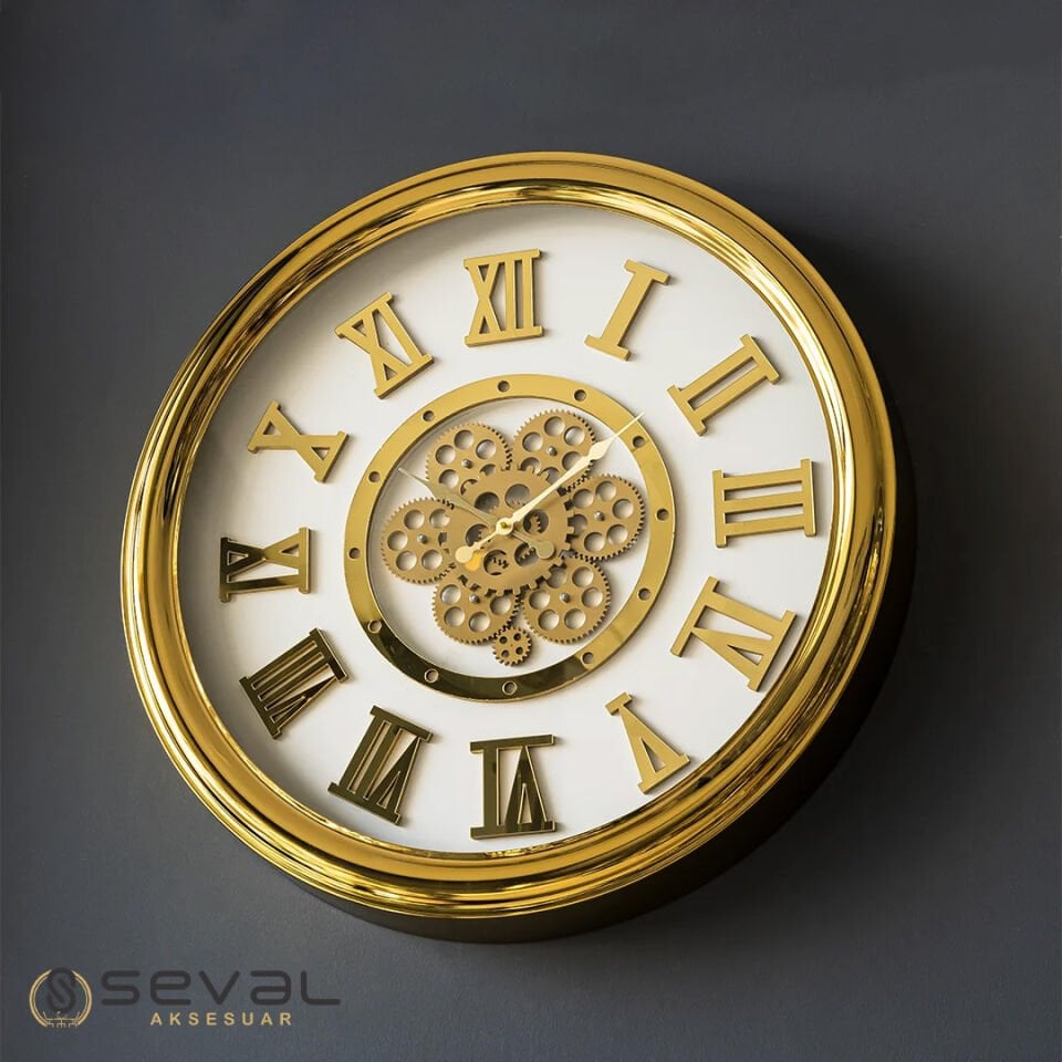65 CM Metal Gold Döner Çarklı Camlı Arkası Kapalı Tasarım Duvar Saati,Metal Salon Ofis Duvar Saati