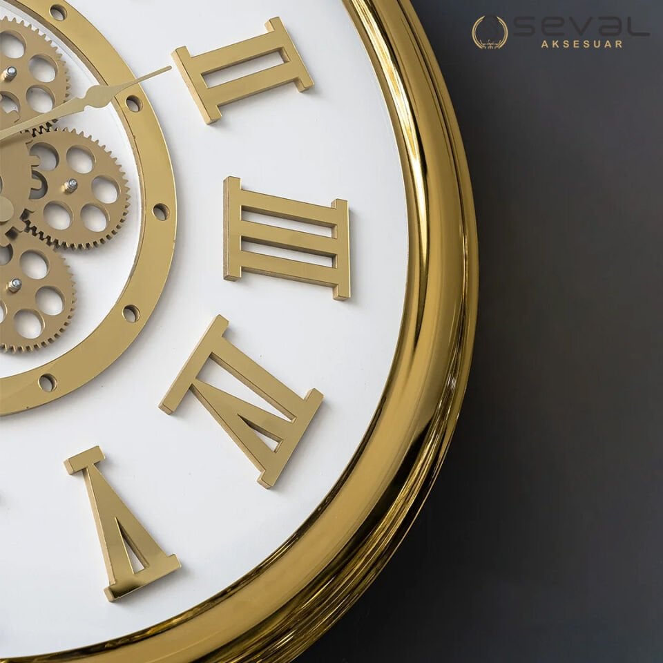 65 CM Metal Gold Döner Çarklı Camlı Arkası Kapalı Tasarım Duvar Saati,Metal Salon Ofis Duvar Saati