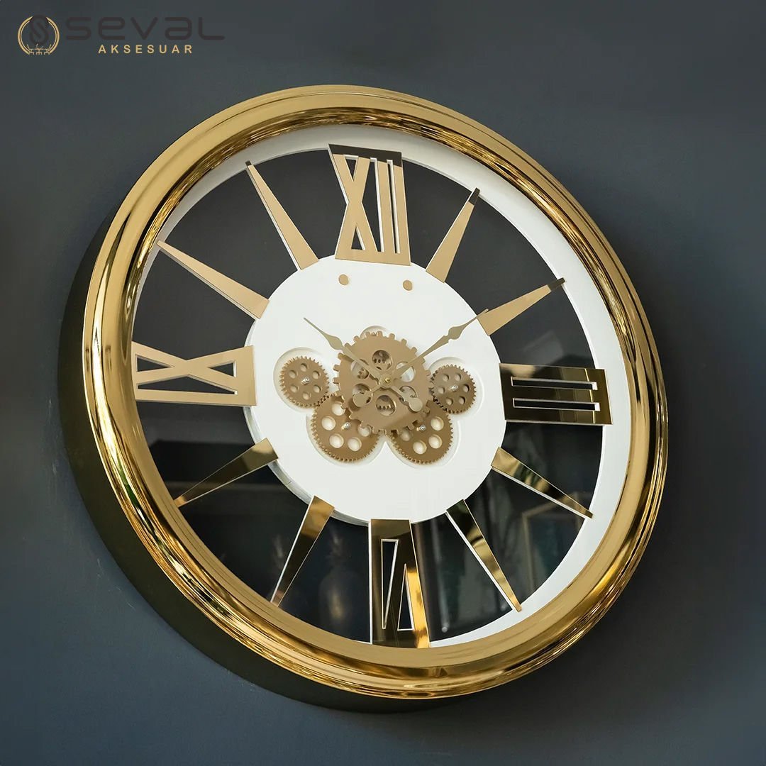 65 CM Metal Gold Döner Çarklı Camlı Arkası Kapalı Tasarım Duvar Saati,Metal Salon Ofis Duvar Saati