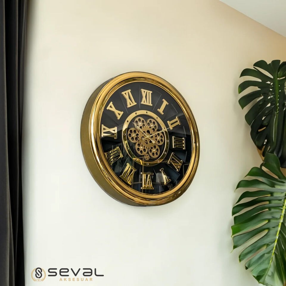 65 CM Metal Gold Döner Çarklı Camlı Duvar Saati,Metal Salon Ofis