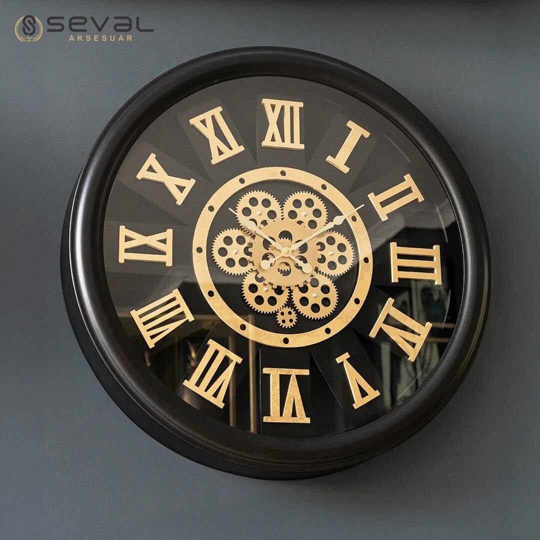 65 CM Metal Gold Siyah Döner Çarklı Camlı Duvar Saati,Metal Salon Ofis Duvar Saati