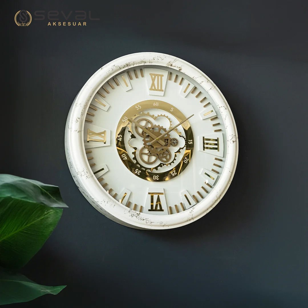 65 CM Metal Gold-Beyaz Özel Boyalı Çarklı Duvar Saati,Gold Çarklı Salon,Ofis Duvar Saati,Metal Camlı Duvar Saati