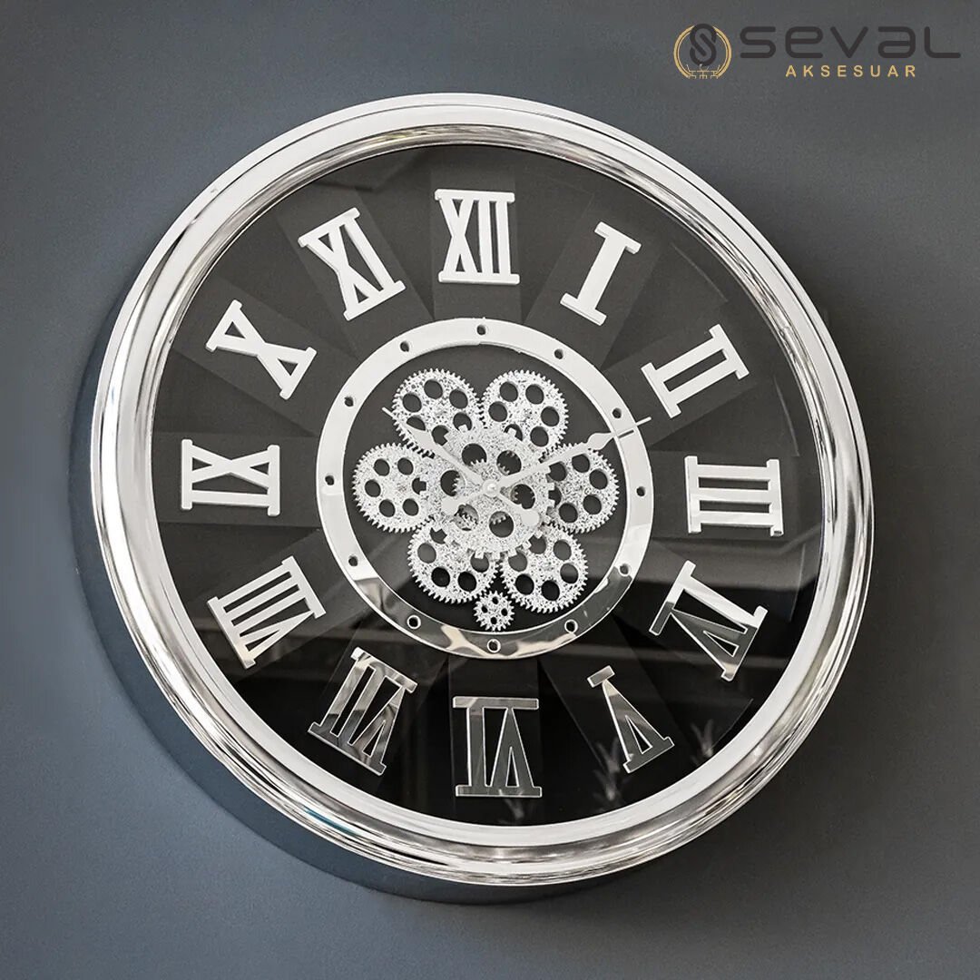 65 CM Metal Gümüş Döner Çarklı Camlı Duvar Saati,Metal Salon Ofis Duvar Saati