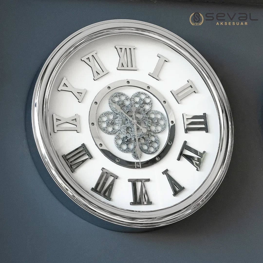 65 CM Metal Gümüş-Beyaz Döner Çarklı Camlı Duvar Saati,Metal Salon Ofis Duvar Saati