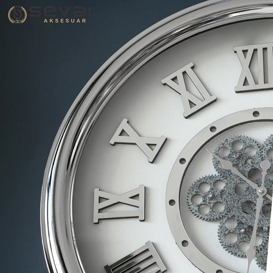 65 CM Metal Gümüş-Beyaz Döner Çarklı Camlı Duvar Saati,Metal Salon Ofis Duvar Saati