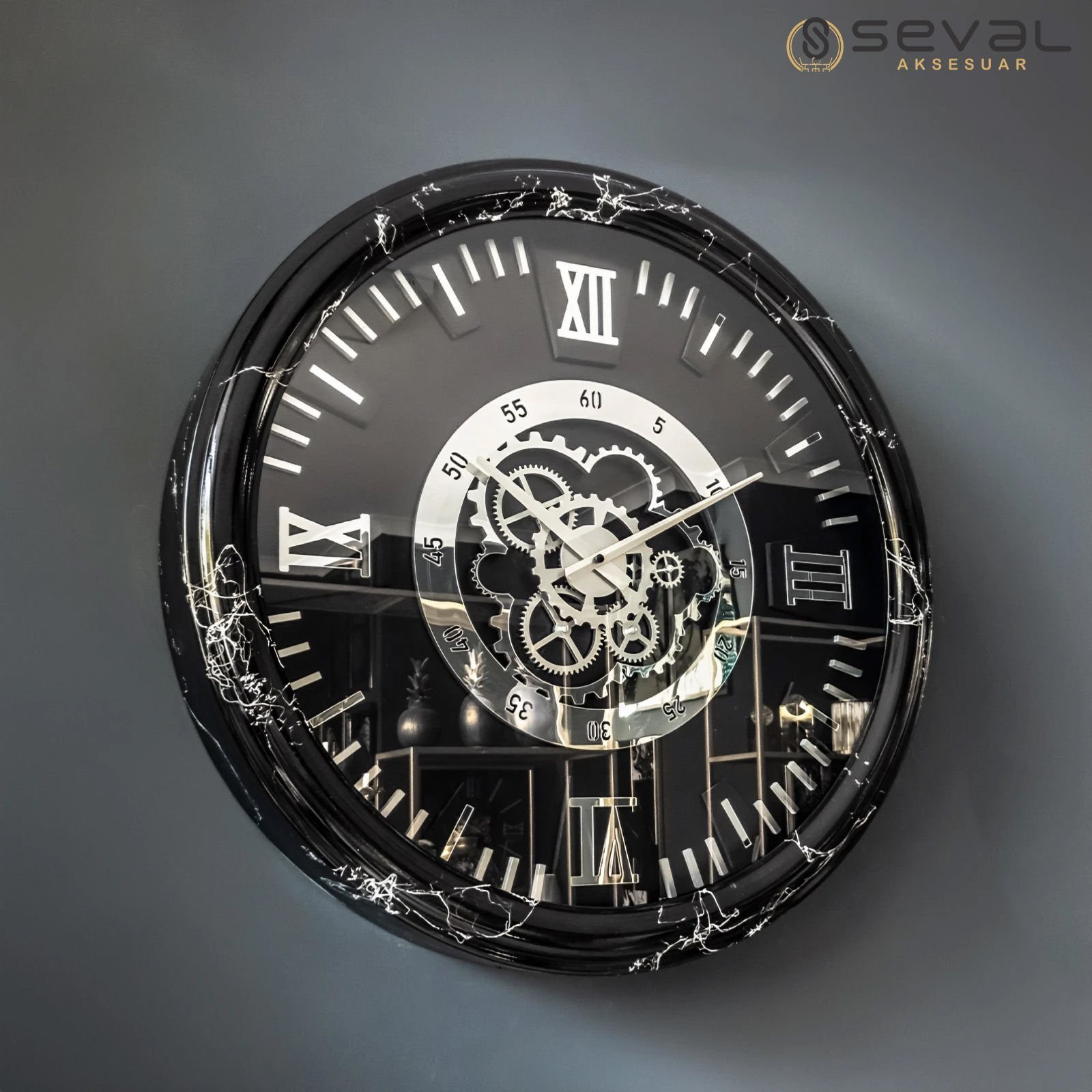 65 CM Metal Gümüş-Siyah Özel Boyalı Çarklı Duvar Saati,Ev Ofis Metal Duvar Saati