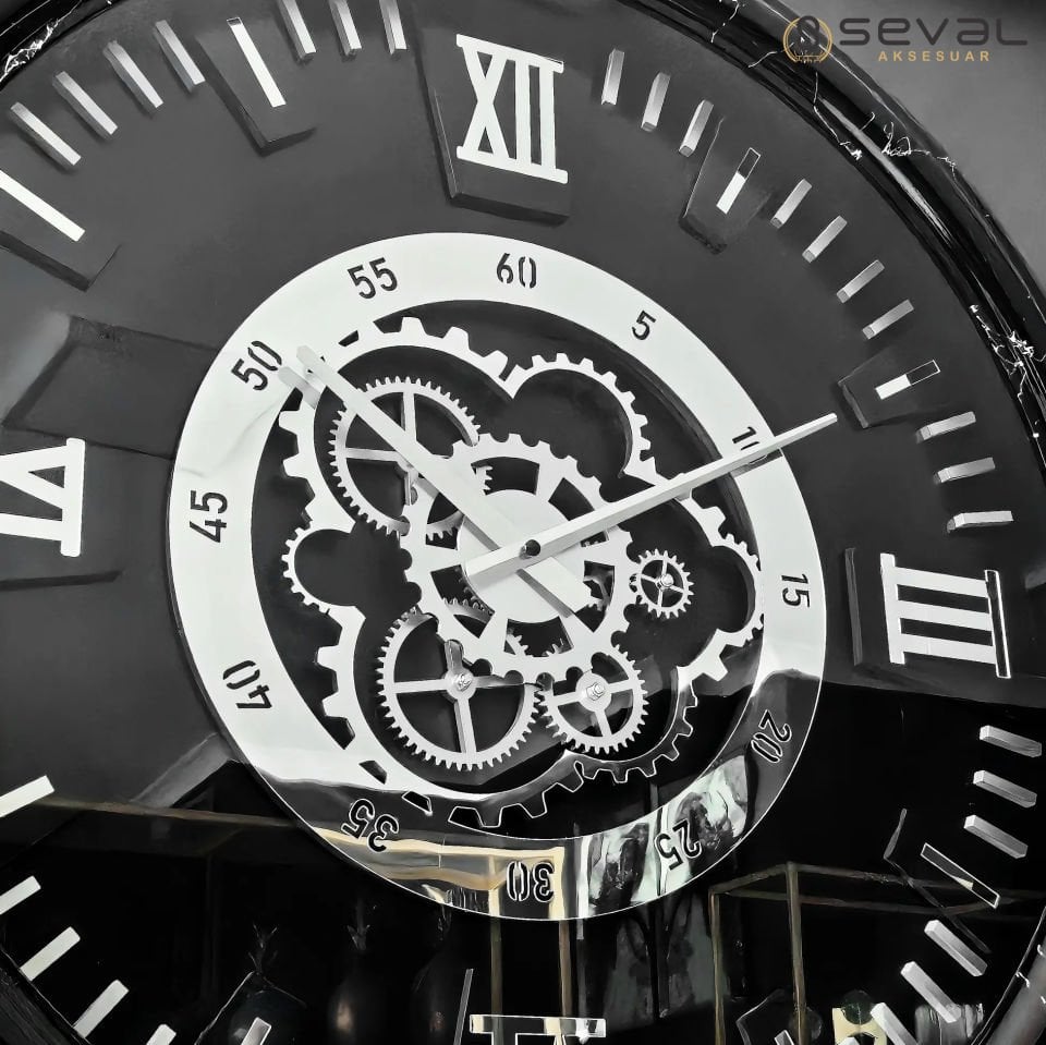 65 CM Metal Gümüş-Siyah Özel Boyalı Çarklı Duvar Saati,Ev Ofis Metal Duvar Saati