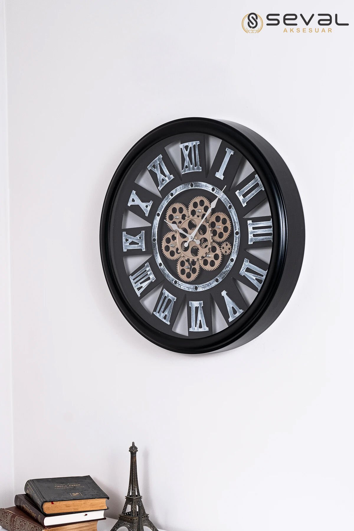 65 CM Premium Siyah Metal Döner Çarklı Romen Rakamlı Camlı Duvar Saati,Metal Salon Ofis Duvar Saati