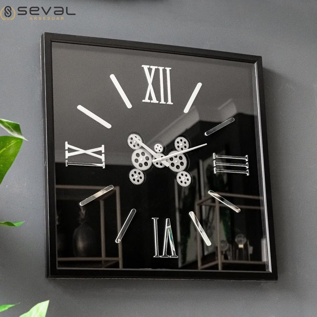 80 CM Siyah Kare Çerçeveli Çarklı Duvar Saati,Ofis Salon Kare Çerçeveli Çarklı Camlı Duvar